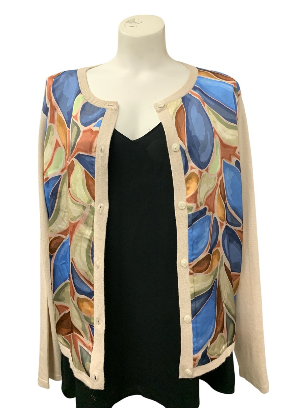 Sioni Beige Cardigan Jacket with Blue & Earth Tone Abstract Print Size XL